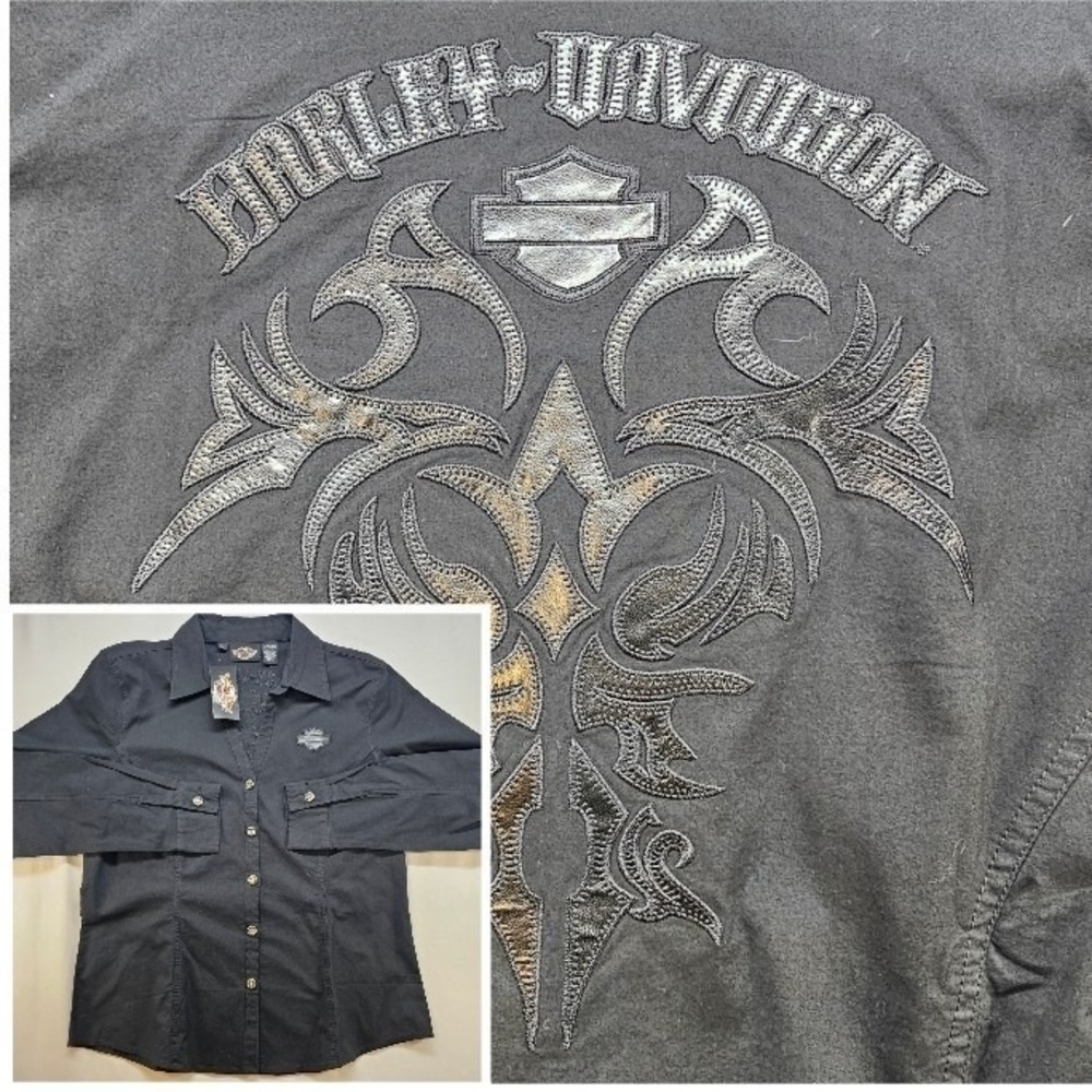 Harley Davidson Womens Black Button Up Shirt XL Black Out Leather Logo Cotton